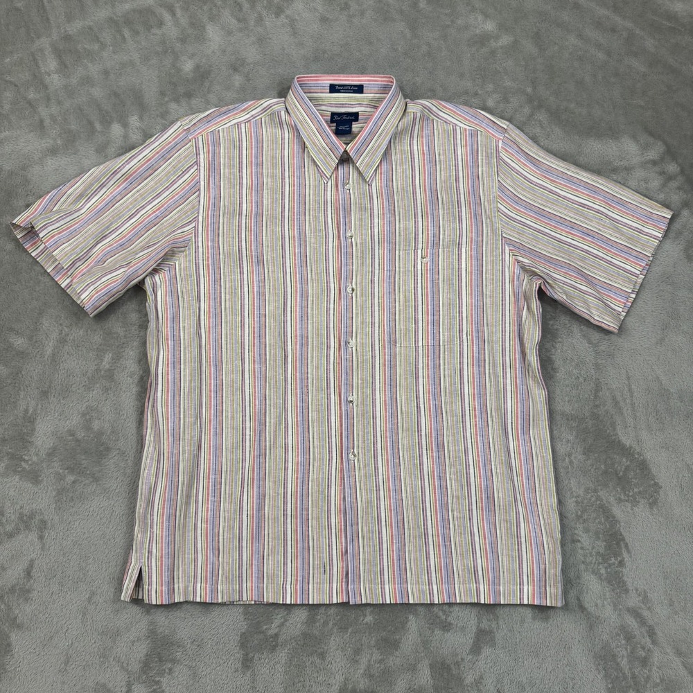 Paul Fredrick Shirt Mens XL Striped Linen Short Sleeve Button Up Casual Pocket